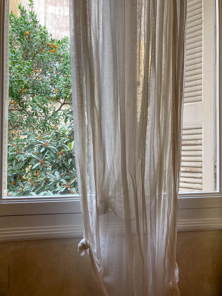 white curtain and window with tress